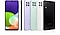 Mặt sau của 4 chiếc điện thoại Samsung Galaxy A22 với màu xám, trắng, xanh mint và tím, cùng thông tin cấu hình và mặt trước làm nổi bật lớp vỏ ngoài cao cấp