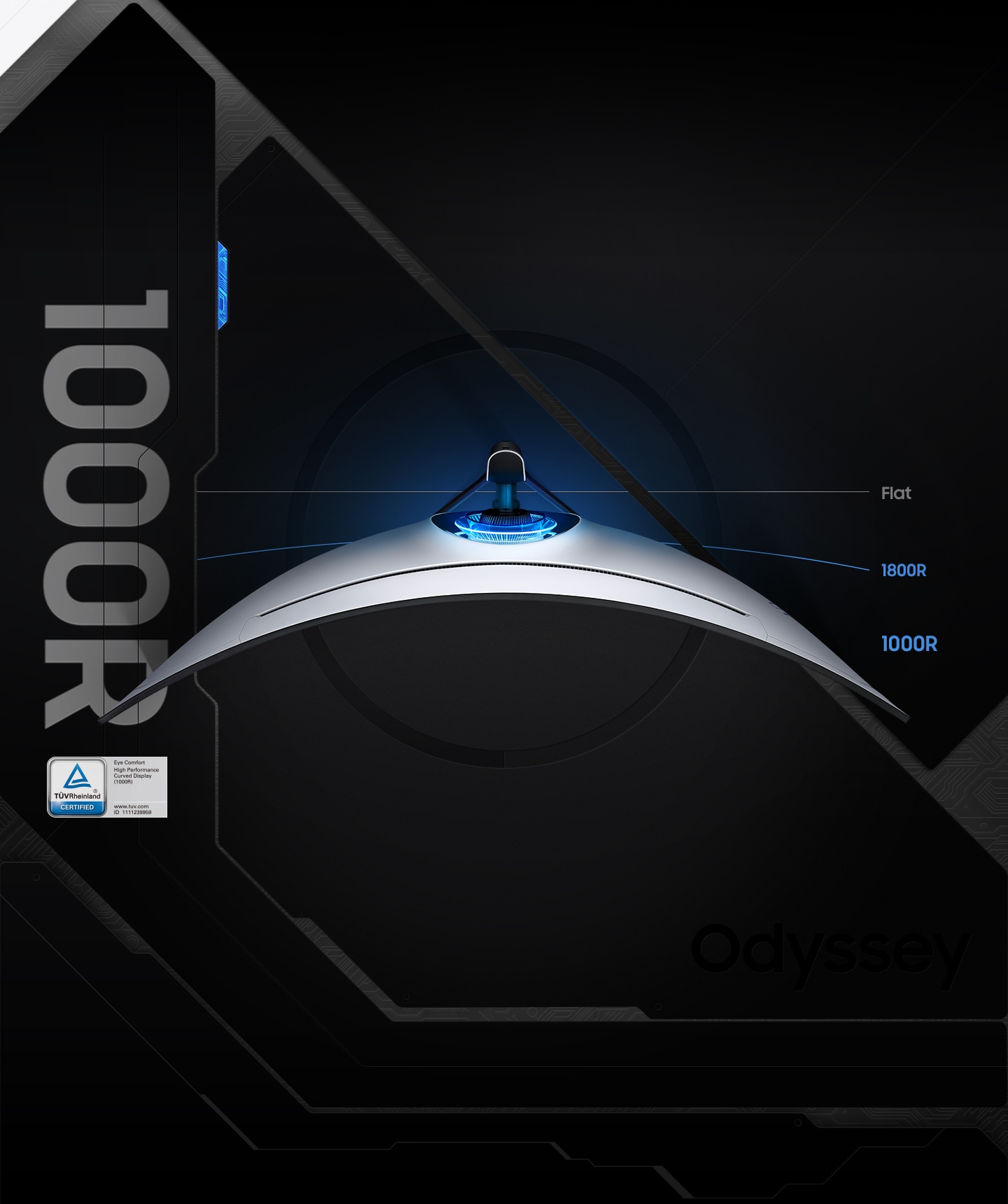 Mặt trên của màn hình cong được hiển thị với đèn cốt ở mặt sau sáng màu xanh lam. Logo của TUV nằm ở góc dưới bên trái. Các đường bên cạnh màn hình cũng thể hiện độ cong của màn hình phẳng và 1800R để so sánh với 1000R.