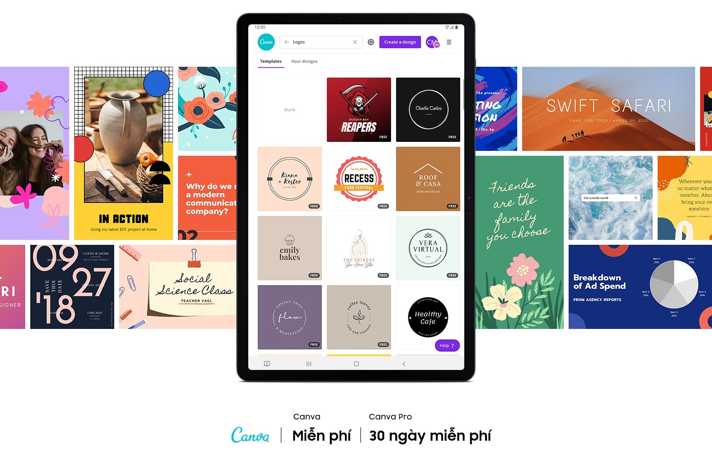 Galaxy Tab S7 FE với ứng dụng Canva trên màn hình hiển thị 12 ví dụ về mẫu logo. Các tùy chọn khác cho mẫu thiết kế nằm ở hai bên của máy tính bảng để hiển thị nhiều thứ bạn có thể tạo trong Canva. Logo Canva. Văn bản nói 4 lần một năm, 50 bản mỗi lần