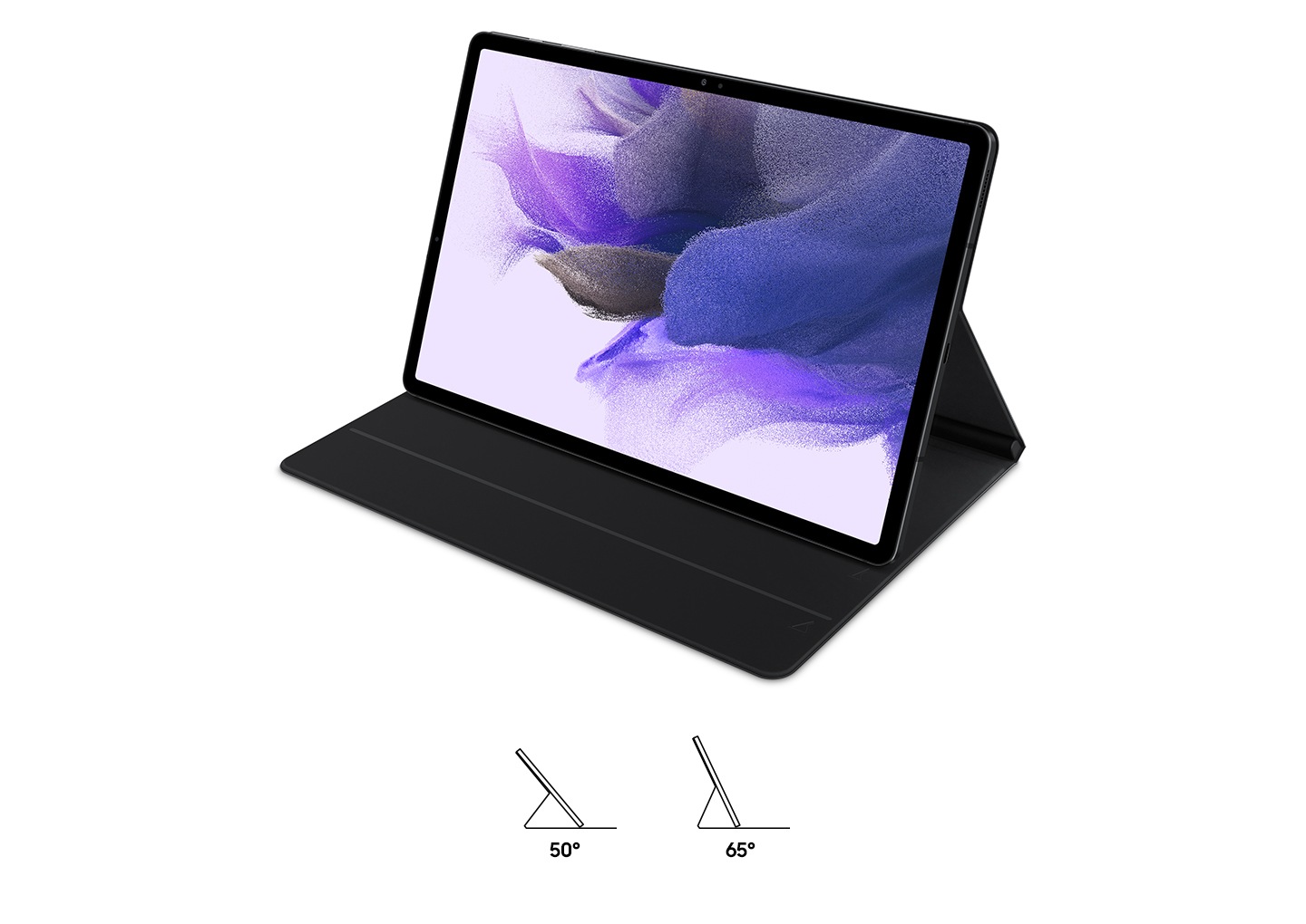 Chế độ xem đứng của Tab S7 FE Bao da, có hai biểu tượng góc là 50 và 65 độ cho các tùy chọn chế độ xem đứng của bao da.