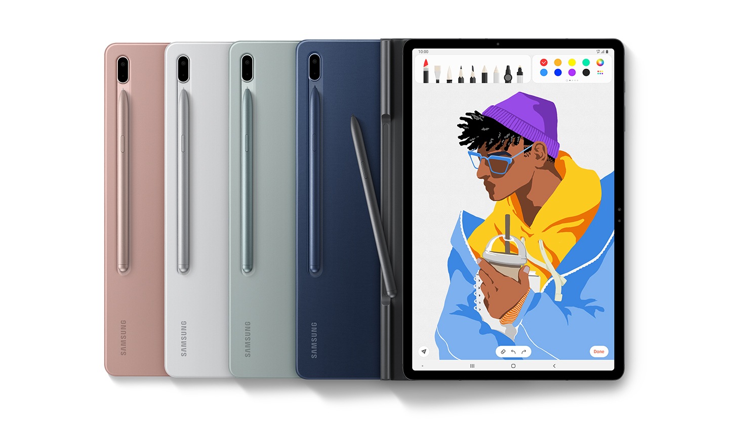 Bao da Tab S7 FE màu hồng, bạc, xanh lục, xanh navy, đen bên cạnh. Bút màu hồng gắn vào mặt sau của Bìa sách màu hồng, bút màu bạc được gắn vào mặt sau của Bìa sách màu bạc, bút màu xanh lá cây được gắn vào mặt sau của Bìa sách màu xanh lá cây và bút hải quân được gắn vào mặt sau của Bìa sách hải quân Bìa sách, Bìa sách màu đen được mở ra, bạn có thể nhìn thấy màn hình và có một cây bút trên đó.