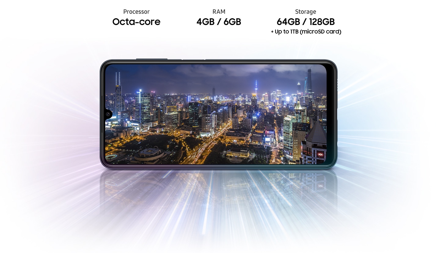 Galaxy M22 hiển thị quang cảnh thành phố về đêm, cho biết thiết bị cung cấp bộ vi xử lý Octa-core, RAM 4GB / 6GB, 64GB / 128GB với dung lượng lưu trữ lên đến 1TB.