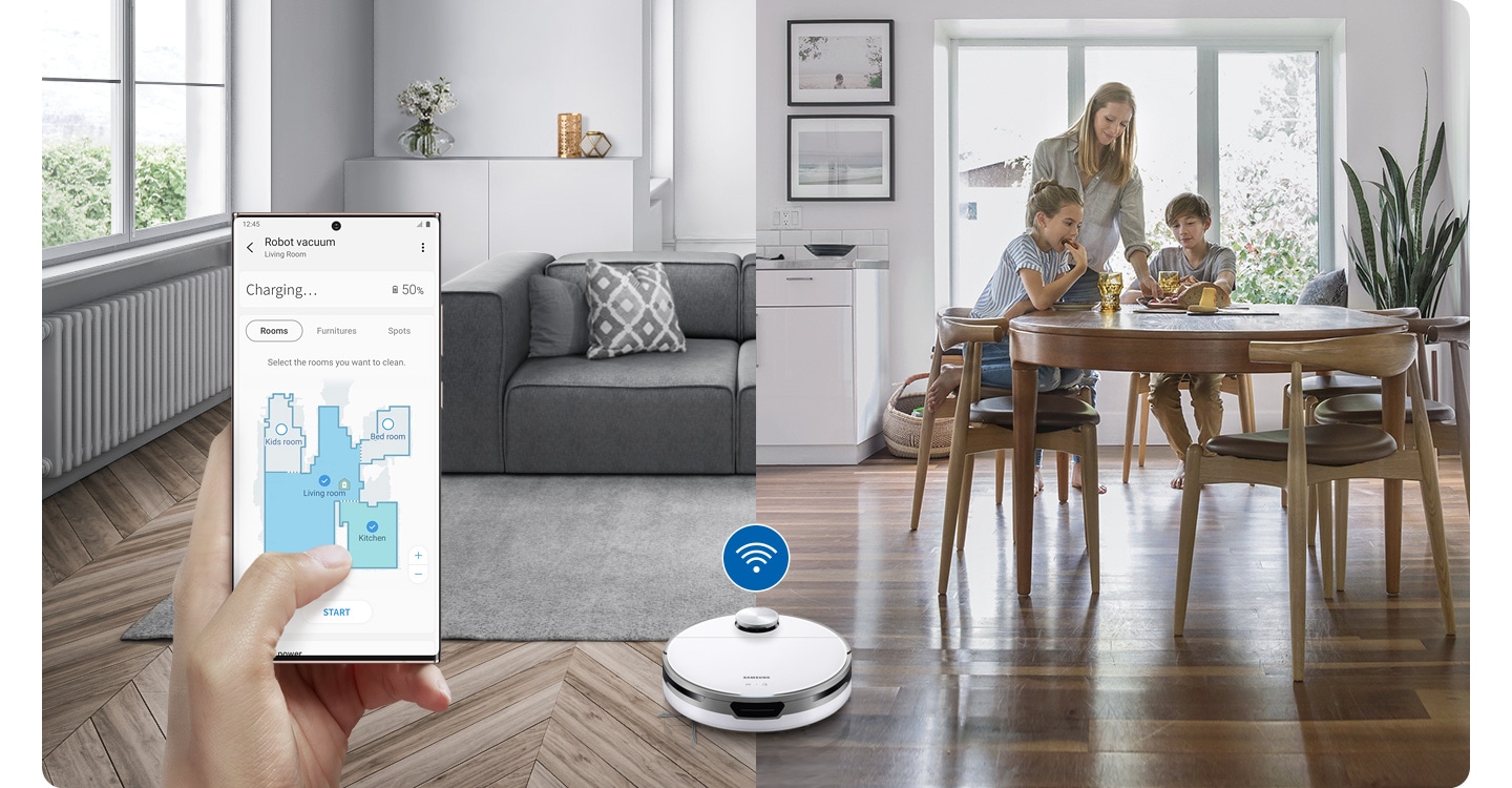 JetBot 80+ đang hút bụi trong phòng khách và nhà bếp, được điều khiển từ xa thông qua SmartThings và kết nối Wi-Fi.