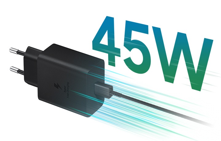 A black USB Type-C adapter has green streaks around it indicating super fast charging. The text 45W is above the cable in green.