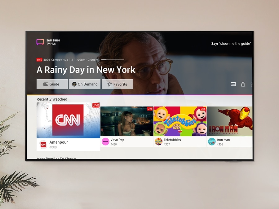 Samsung TV Plus user interface image shows various images of popular content.