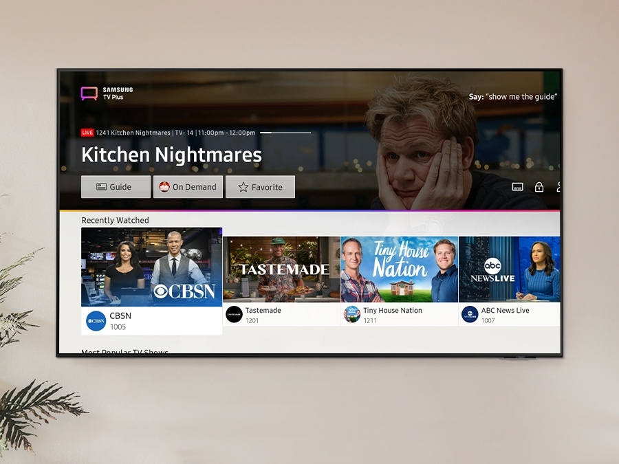 Samsung TV Plus user interface image shows various images of popular content.