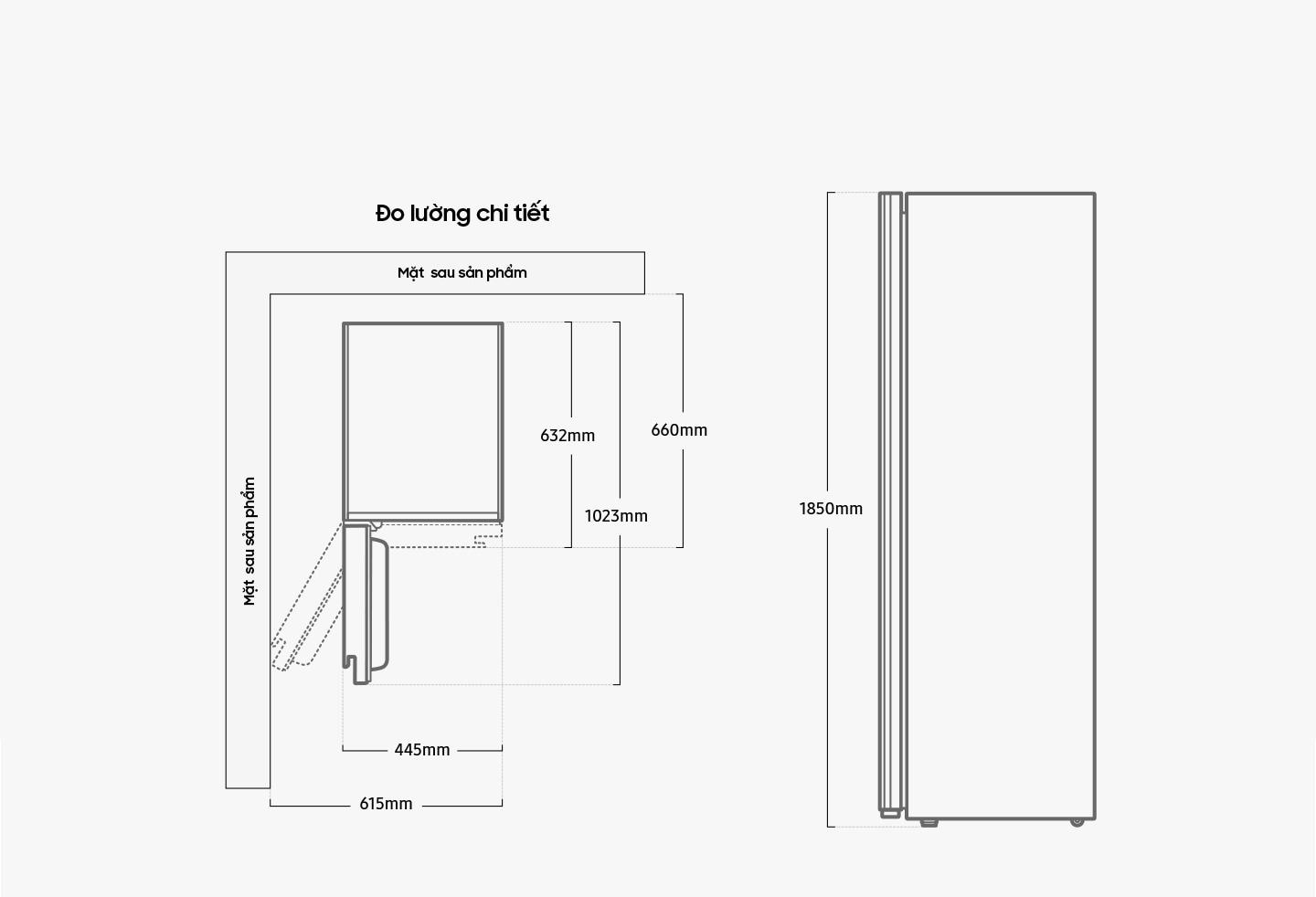 DF8000NM is 1850mm high, 445mm long, and 632mm deep when the door is closed. Including space between the rear wall and the dresser, the depth is 660mm. When the door is 90 degrees open, the total depth is 1023mm, including the door. With the door opened to the max, the length is 615mm measured from the corner without the door.