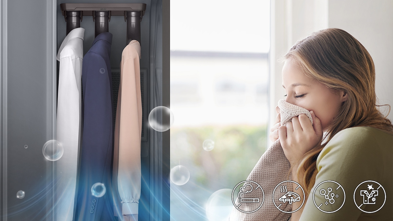 The deodorizing filter removes any smell of cigarettes, pizza, and sweat from clothes and gives a fresh feeling of dry-cleaned.
