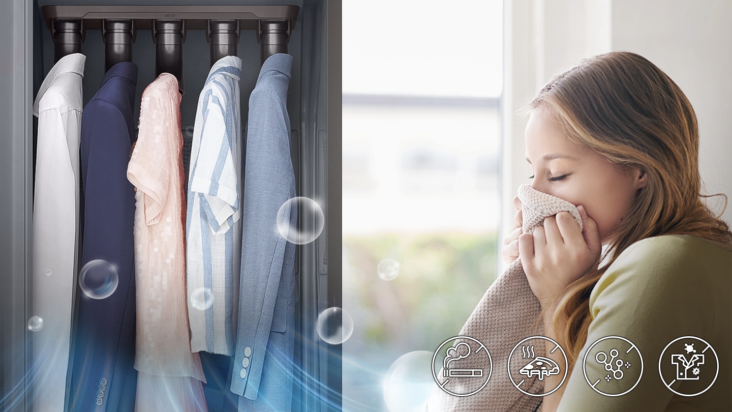 The deodorizing filter removes any smell of cigarettes, pizza, and sweat from clothes and gives a fresh feeling of dry-cleaned.