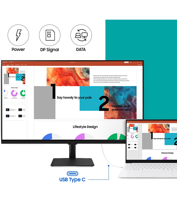 Màn hình được kết nối với máy tính xách tay qua cáp. Cả màn hình máy tính và màn hình máy tính xách tay đều hiển thị các hình ảnh giống hệt nhau của một bản trình chiếu đang được tạo. Phía trên màn hình là ba logo đại diện cho Power, DP Signal và DATA.