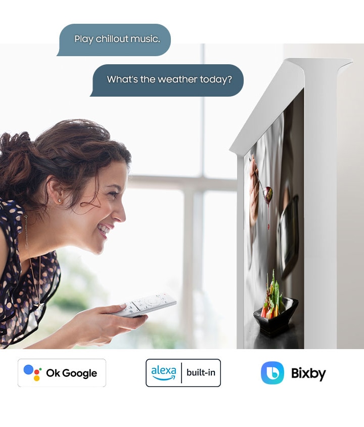 Samsung Smart TV 4K The Serif 2022 tích hợp cả 3 trợ lý giọng nói: Bixby, Amazon Alexa và Google Assistant cho phép người dùng dễ dàng điều khiển.