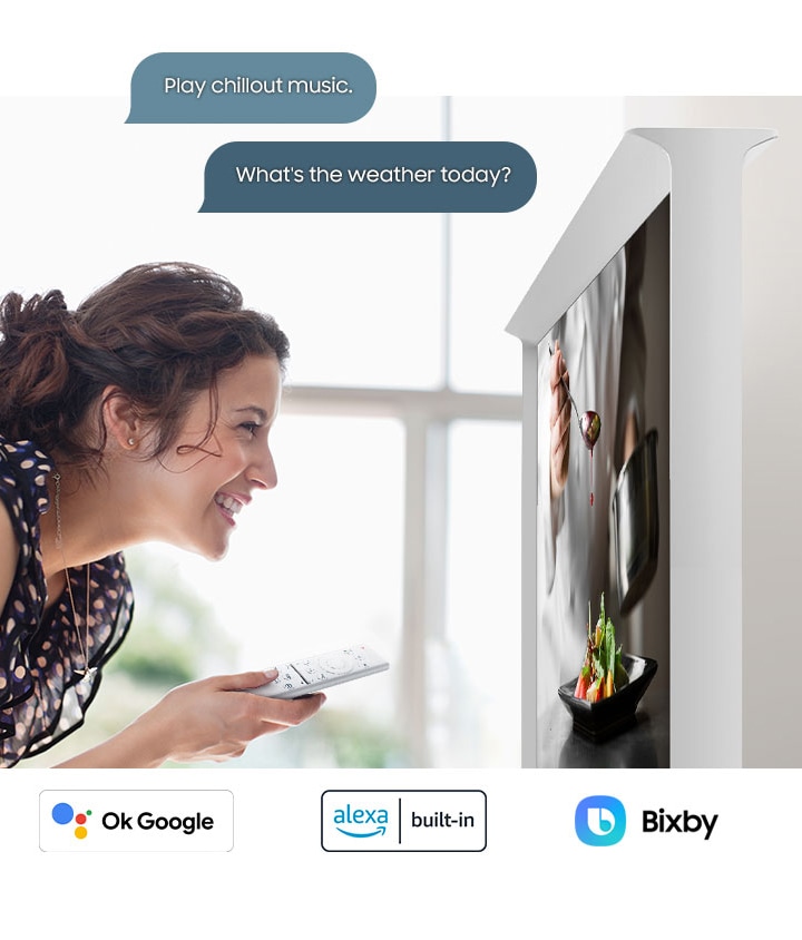 A woman is telling The Serif to Play chillout music and What's the weather today. OK Google, Alexa built-in and Bixby logos are shown.
