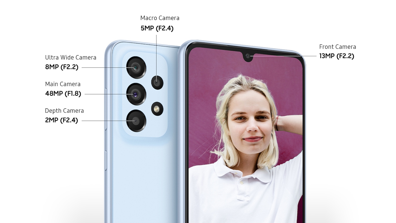 Bộ 4 camera Samsung A33 5G: Camera macro 5MP F2.4, Camera siêu rộng 8MP F2.2, Camera chính 48MP F1.8 và Camera xóa phông 2MP F2.4, Camera trước 13MP F2.2