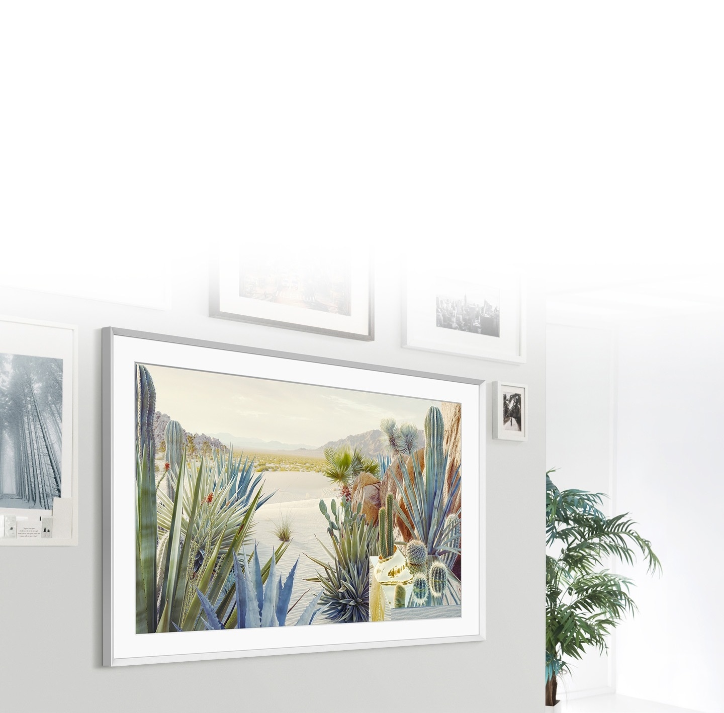 The Frame được treo trên tường cùng với các khung ảnh khác, điều này làm cho The Frame giống như một bức ảnh trên tường.