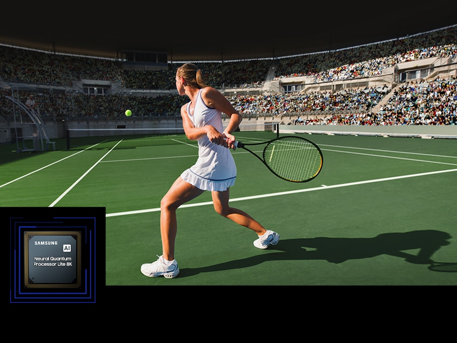 A woman is playing tennis in front of a large crowd. The Neural Quantum Processor Lite 8K is on display in the lower lefthand corner.