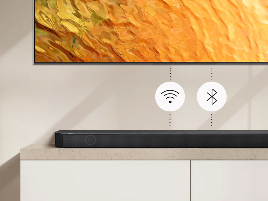 Sound being played through soundbar connected to TV with Wi-Fi and Bluetooth.