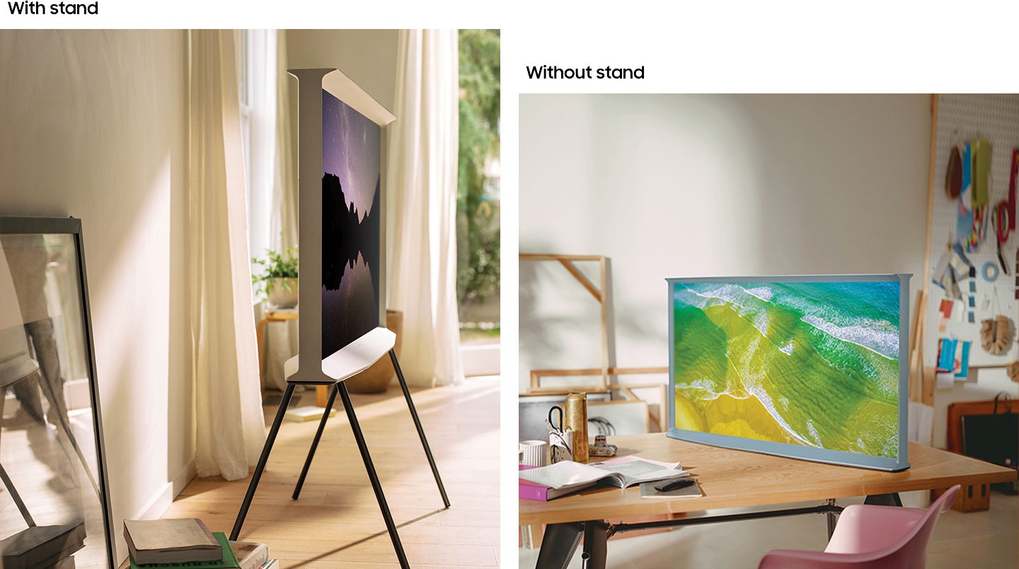 Cận cảnh hình ảnh Smart tivi Samsung The Serif 2022 kèm chân đế linh hoạt và không chân đế, được kê đặt gọn gàng, chắc chắn trên bàn làm việc.