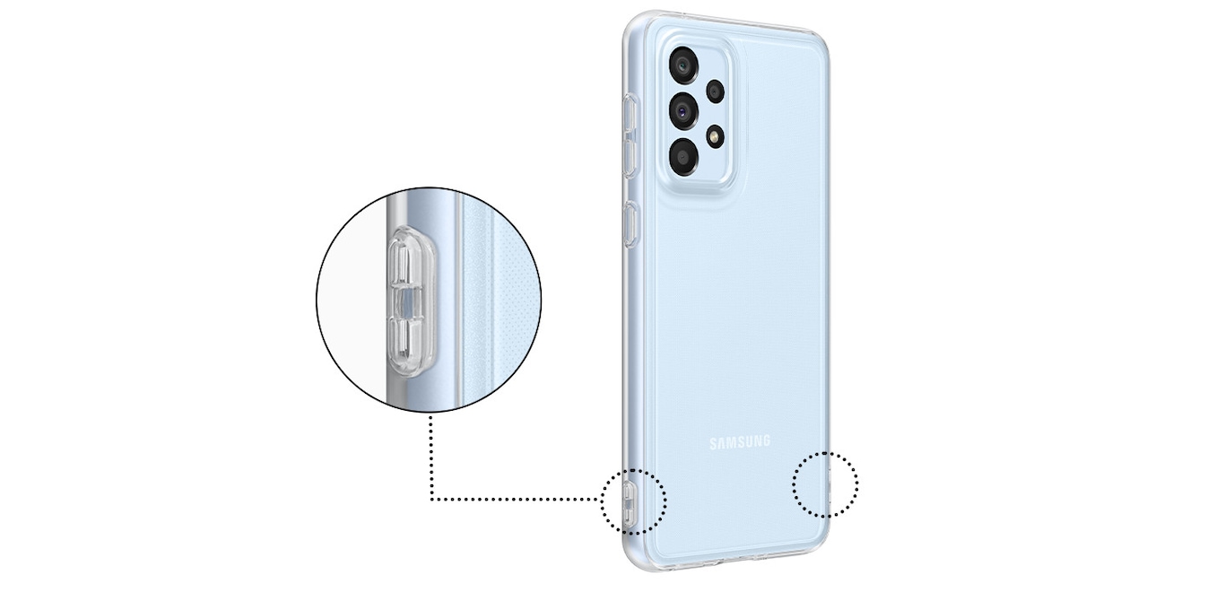 A blue Galaxy A33 5G device is shown wearing a Soft Clear Cover. A detailed zoom-in image shows the strapholes located at both sides of the lower half of the case.