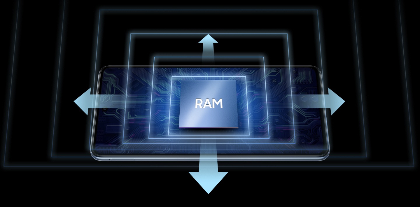 RAM Plus linh hoạt, sử dụng bộ nhớ lưu trữ làm bộ nhớ ảo giúp mở rộng dung lượng bộ nhớ RAM thêm 2GB/4GB/6GB/8GB của Samsung M53 5G cho trải nghiệm mượt mà.