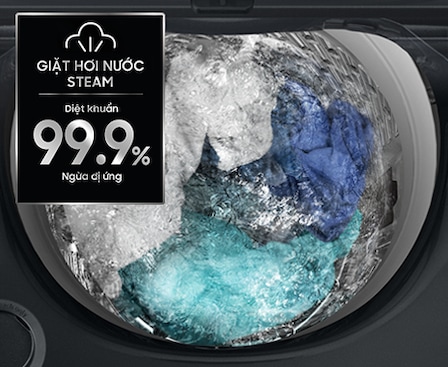 There is laundry soaked in the drum of WA8800. Hot water and steam eliminates 99.9% of bacteria.