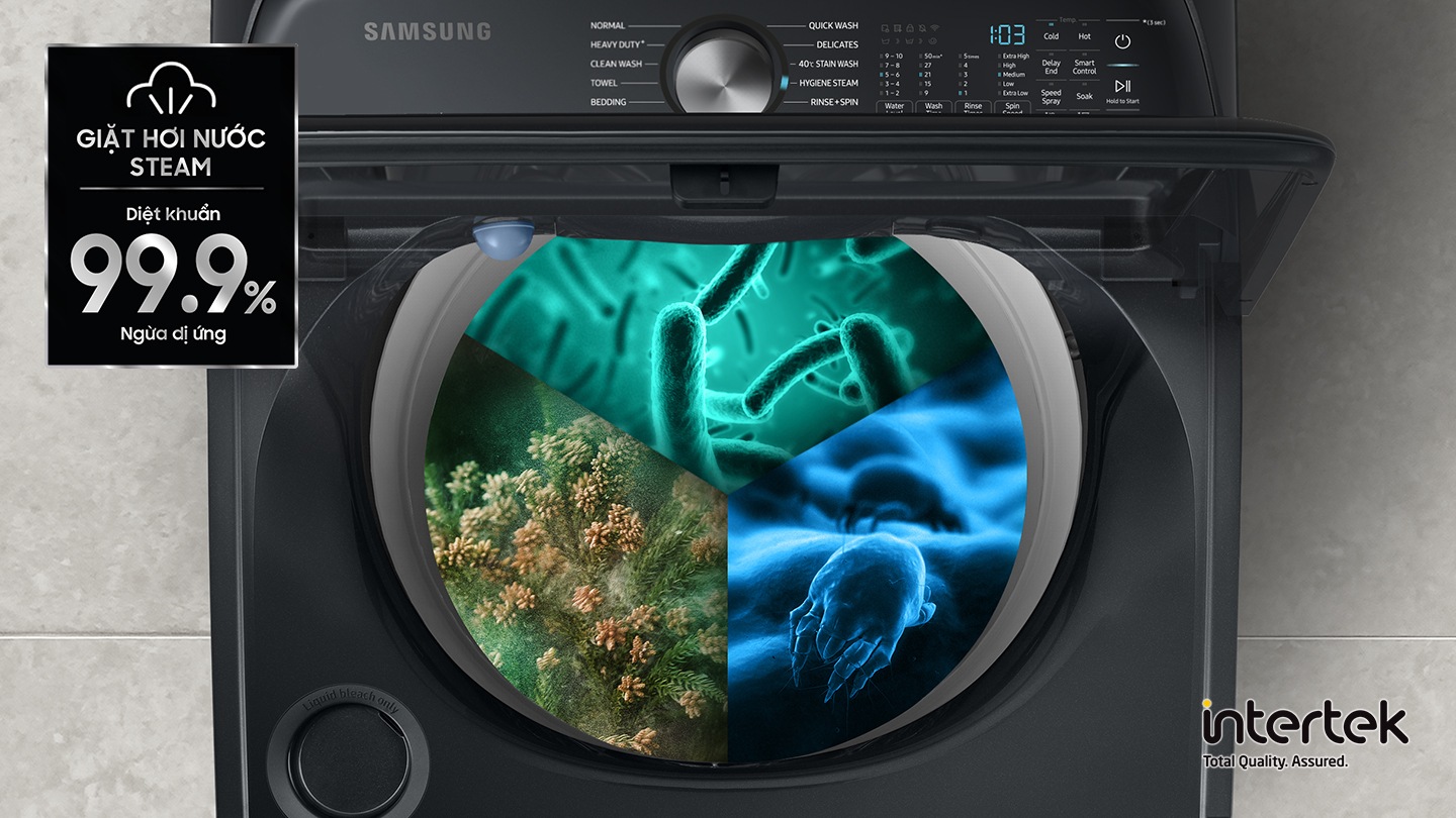 Steam wash certified by BAF and Intertek, steam is dispersed inside the washing machine door to remove allergens and bacteria up to 99.9%.