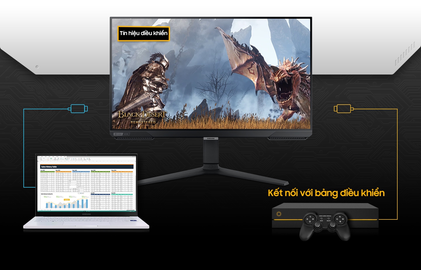 A monitor is shown alongside a laptop and gaming console. The laptop's cable is running to the monitor. And the monitor shows the same Excel on the screen with the laptop. But as the console turns on, connecting to the monitor,and it changes PC signal to console's with a menu of †Black Desert' game.