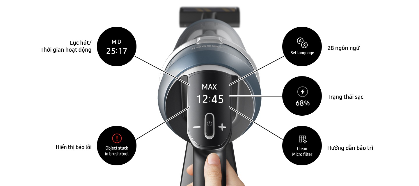 A hand holds a Bespoke JET and the close-up of its LCD digital display is in the middle, surrounded by 5 different displays that could appear: suction power/running time, error message if an object is stuck a brush or tool, language settings, charging status, and maintenance guide.