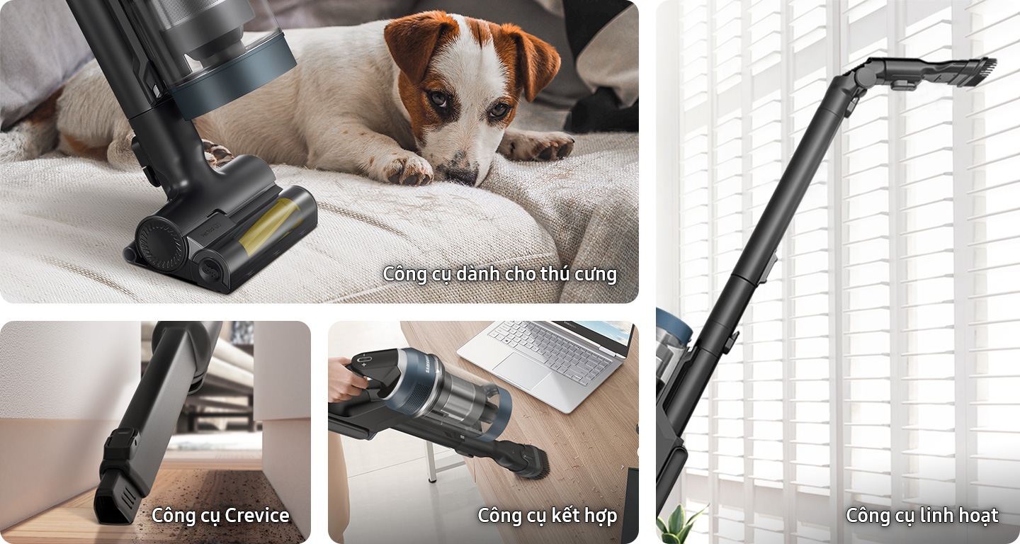 4 Bespoke JET with different tools are in different locations. One with the pet tool, which is optional, cleans a sofa as a dog sits next to it. One with the combination tool cleans dirt on a desk near a laptop. One with the crevice tool cleans a narrow space. And One with the flex tool cleans a high window sill.