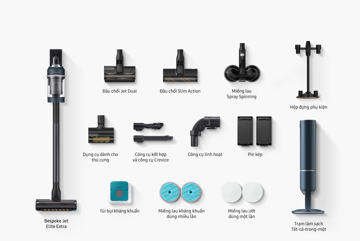 The components that come in the box include Bespoke Jet Premium, Slim Action Brush, Spray Spinning Sweeper, Pet Tool, Combination & Crevice Tool, Flexible Tool, 1 Battery, 1 installed Dust bag and 2 extra Dust bags, Antibacterial Reusable Pads, Disposable Wet Pads, and All-in-one Clean Station.