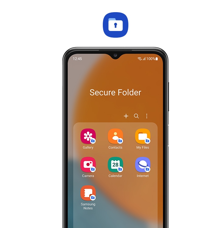 Galaxy A23 5G seen from the front, displaying the apps inside Secure Folder, including Gallery, Contacts, My Files and more. Each app icon has a small Secure Folder icon attached at the bottom right. Above the smartphone is a larger Secure Folder icon.