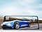 A Galaxy A23 5G is in landscape mode and on screen is a sports car driving on the road. The background is blurred to indicate that it’s driving fast. The front part of the car extends slightly beyond the frame of the phone as if the car is popping out of the display. There's also a map and a speedometer with 120 Hz in the middle, referring to the phone’s fast refresh rate.