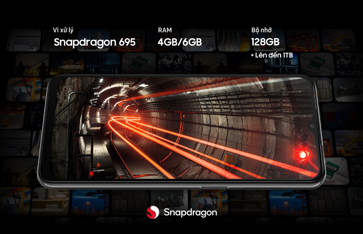 The background of a Galaxy A23 5G shows an underground tunnel with red lights running through it. Surrounding the smartphone are faded thumbnails of various contents. Device offers Snapdragon 695 processor.