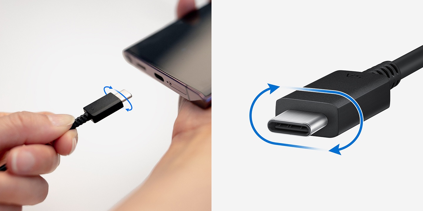 A hand holds a Galaxy smartphone and another hand holds the USB cable. Circulating arrows surround the plug to show it can be plugged in either way. A close-up of the plug has the same circulating arrows to demonstrate that the plug is symmetrical.