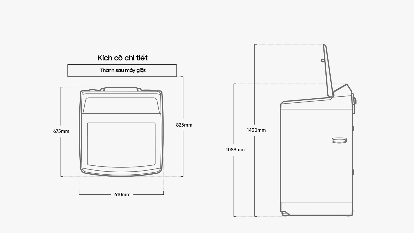Width 610mm, height 1089mm, depth 675mm, height with door open 1430mm, install depth 825mm.