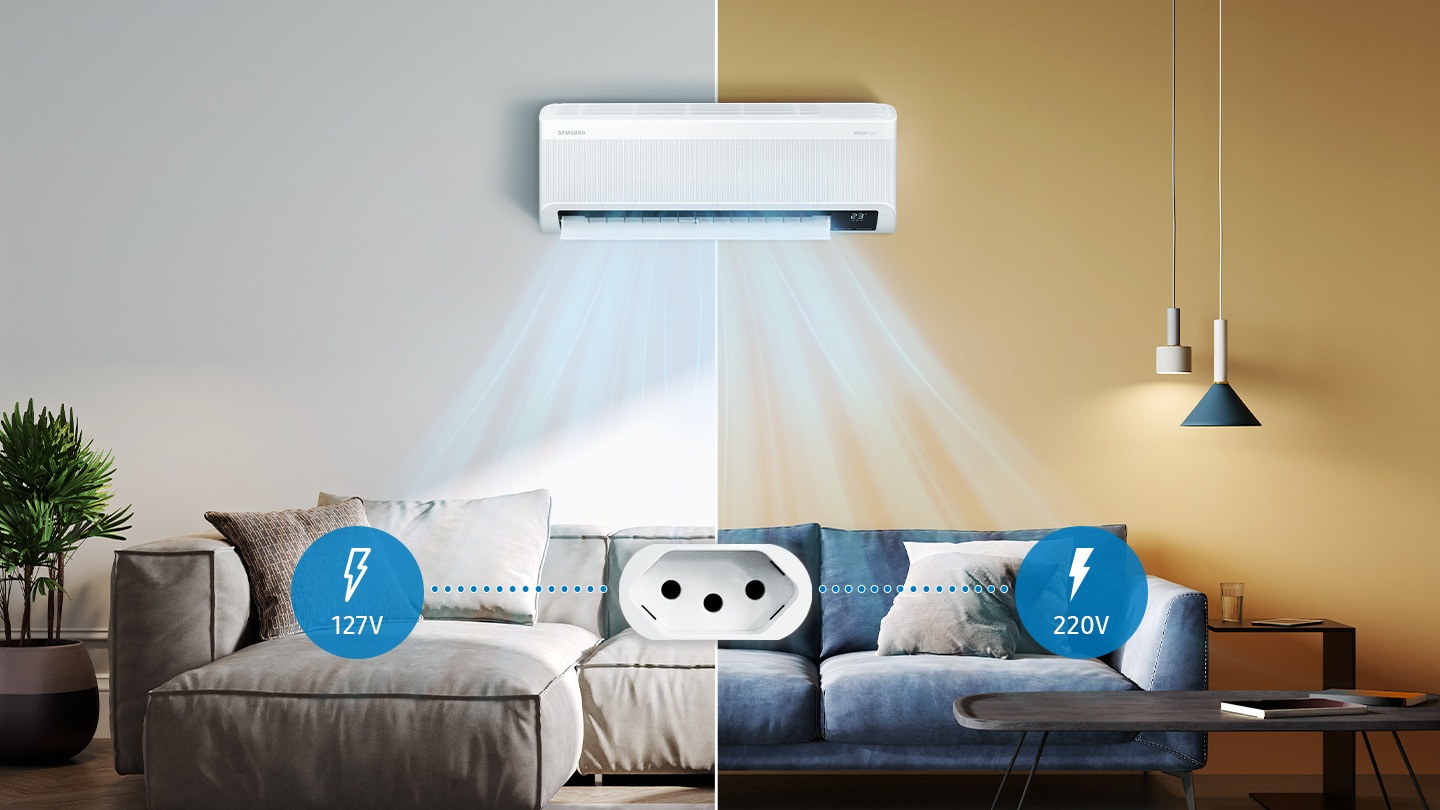 Shows a wall-mounted air conditioner cooling two different living rooms. One room has a symbol showing that its electrical supply is 127V and the other has a symbol showing that its electrical supply is 220V, but both are using the same type of power outlet.