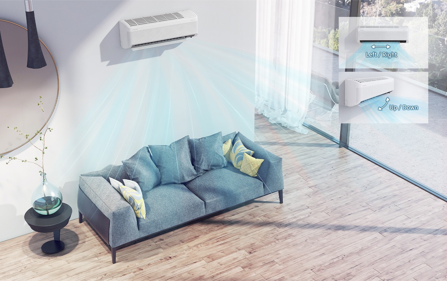 Shows a wall-mounted air conditioner and illustrates how the direction of the air flow can be adjusted in 4 directions, horizontally (left to right) and vertically (up and down), to distribute air across a room quickly and evenly.