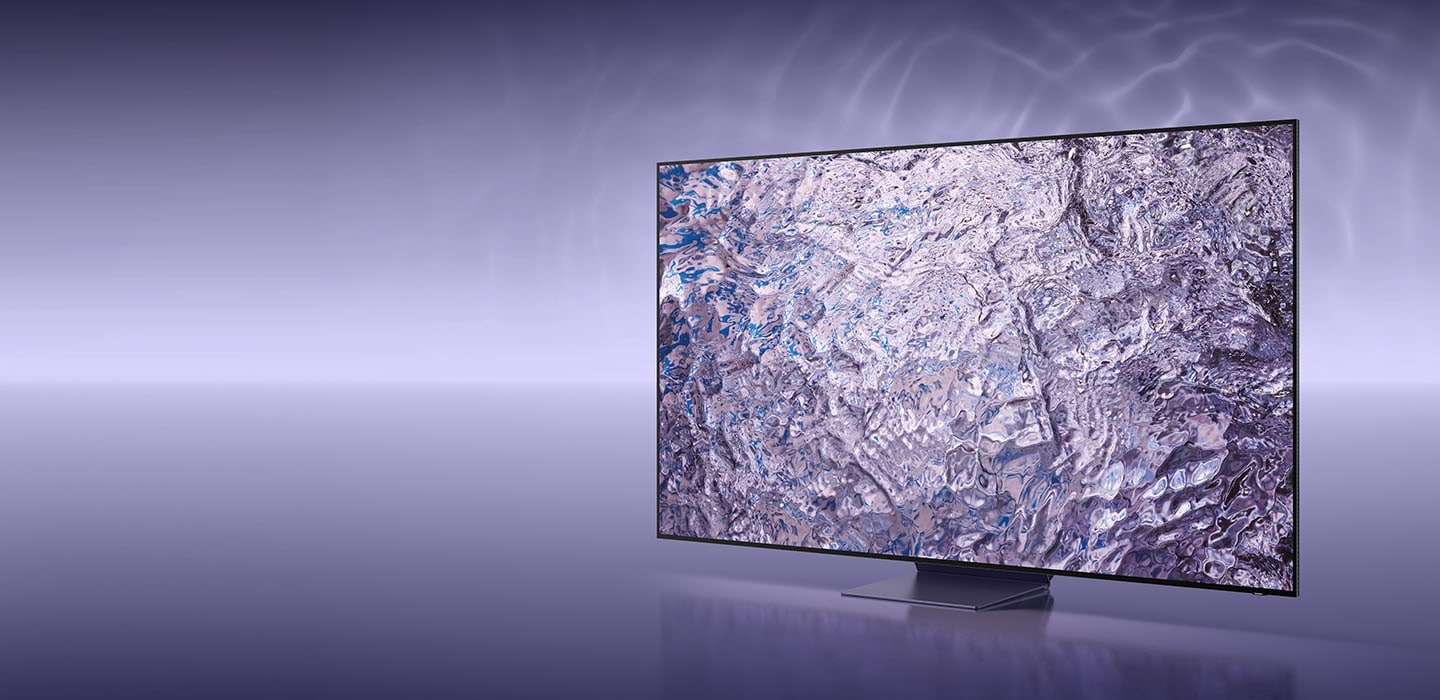A Neo QLED TV is displaying a purple graphic on its screen
