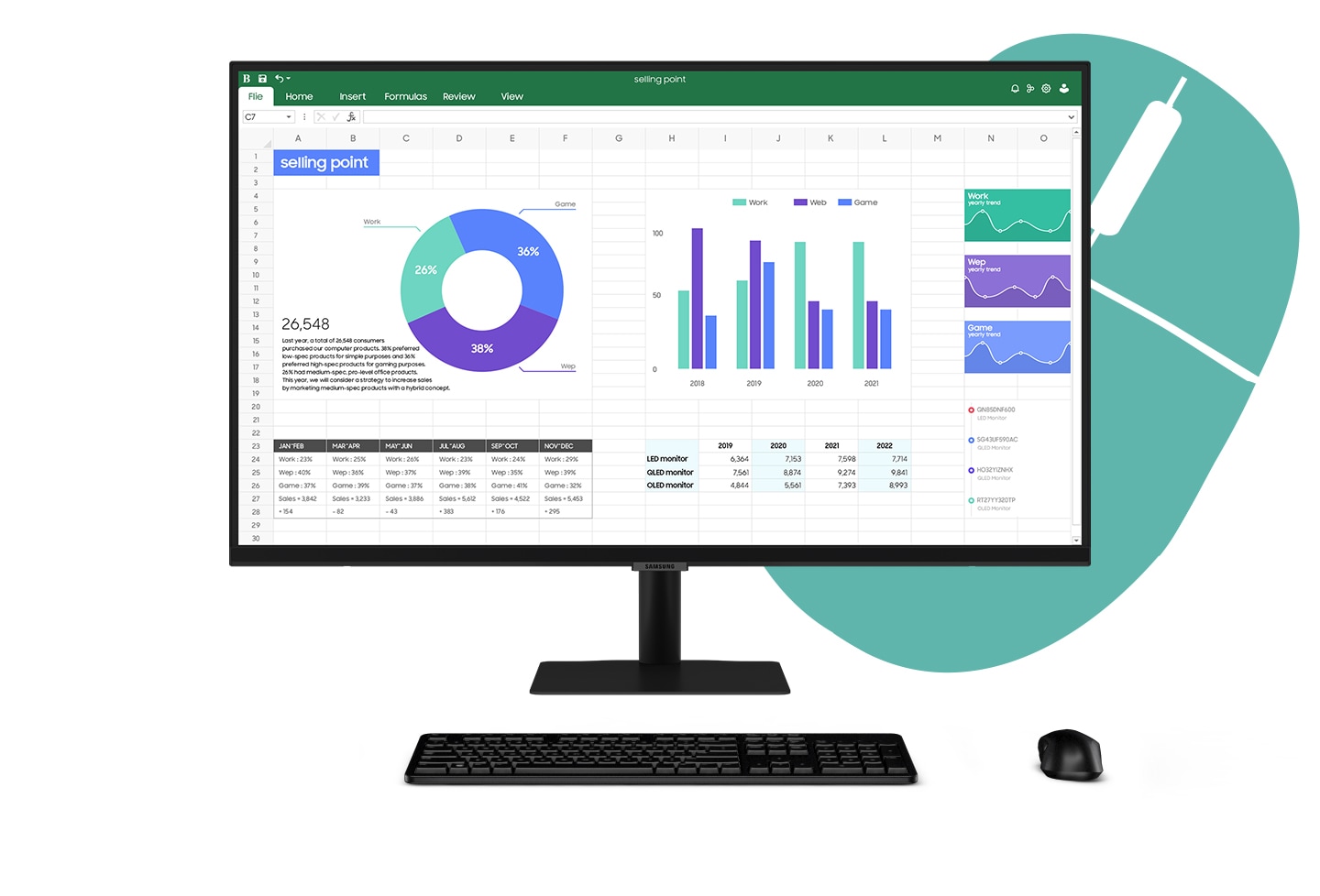 There is the Smart Monitor connected with a desktop, keyboard and mouse with wires. Then the area of desktop blinks, and it disappears. But still, the monitor screen is keep showing an excel file, meaning document work is available only with the monitor.