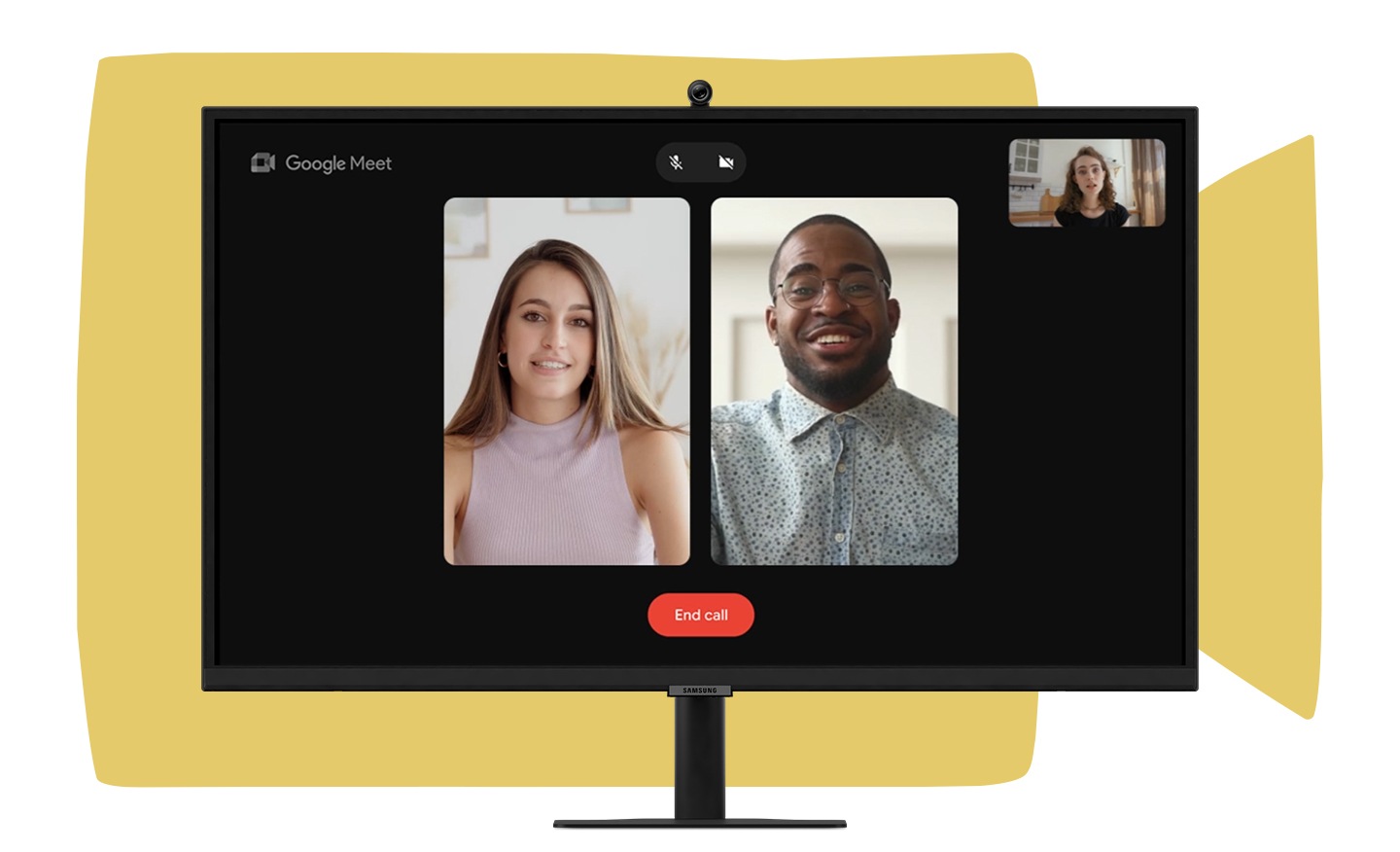 There is Google Meet screen with 2:1 call situation and next to it, a camera of the monitor is zoomed in, showing the movement of the camera angle.