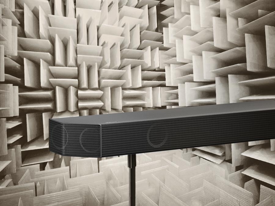 A close up of Samsung Soundbar in an anechoic chamber used to test each aspect of the Soundbar.