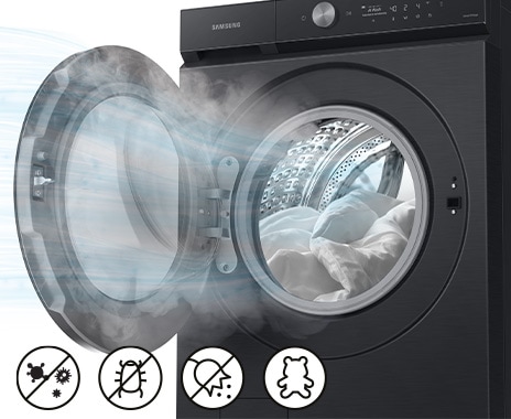 A strong airflow is coming out from the WD6000BK, and the icons below describe bacteria, germ, bugs, pollen removal and large dolls can be washed.