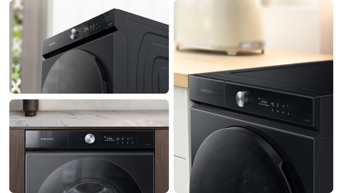 There are three WD6000BK in 3 different locations: one is by itself in a room, one is built-in under a white marble countertop, and one is set at the end of a kitchen cabinet.