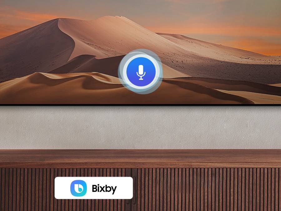 A microphone graphic is on the center of the screen with 2 voice assistants Bixby, Alexa built-in on the lower side of the screen.