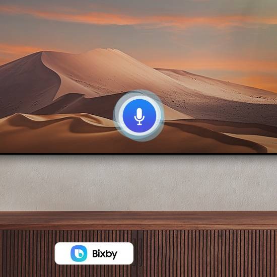 A microphone graphic is on the center of the screen with 2 voice assistants Bixby, Alexa built-in on the lower side of the screen.