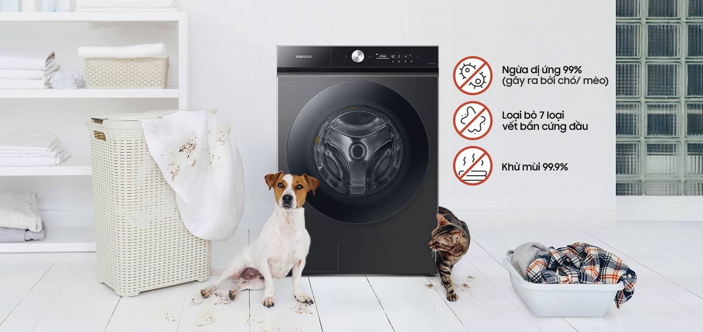 WD6000BK is in a white room with a dog and cat. There is a container with laundry on the floor to the right of the machine. Allergen Removal (Dog/Cat Allergens 99%). 7 types of stain removal. Up to 99.9% deodorizers.