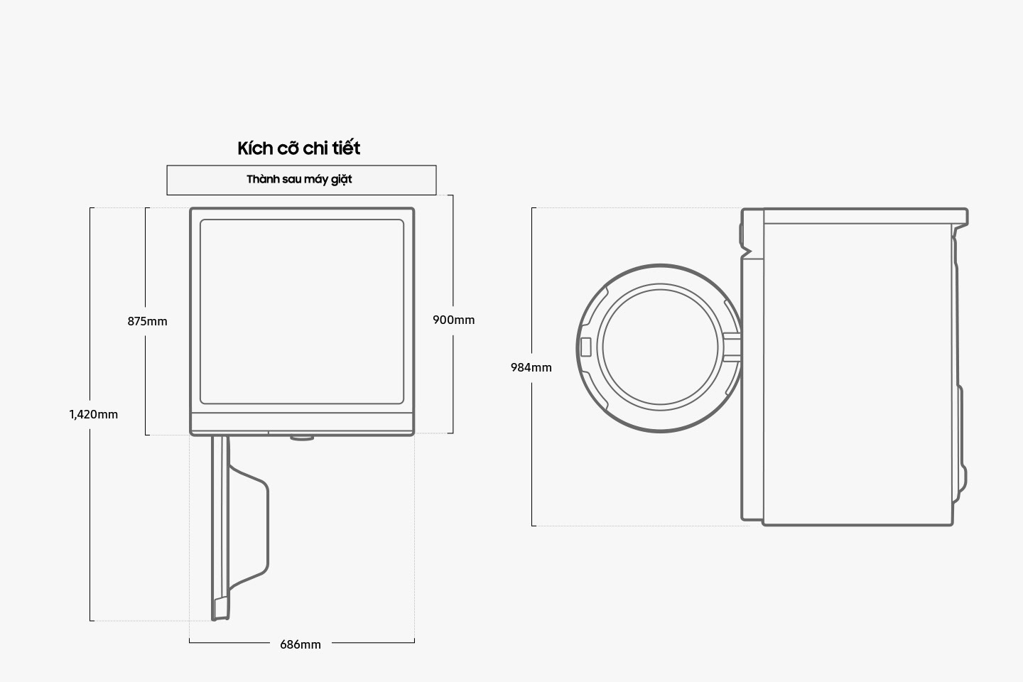 Width 686mm, height 984mm, depth 875mm, depth with door open 1,420mm, install depth front from to rear wall 900mm.