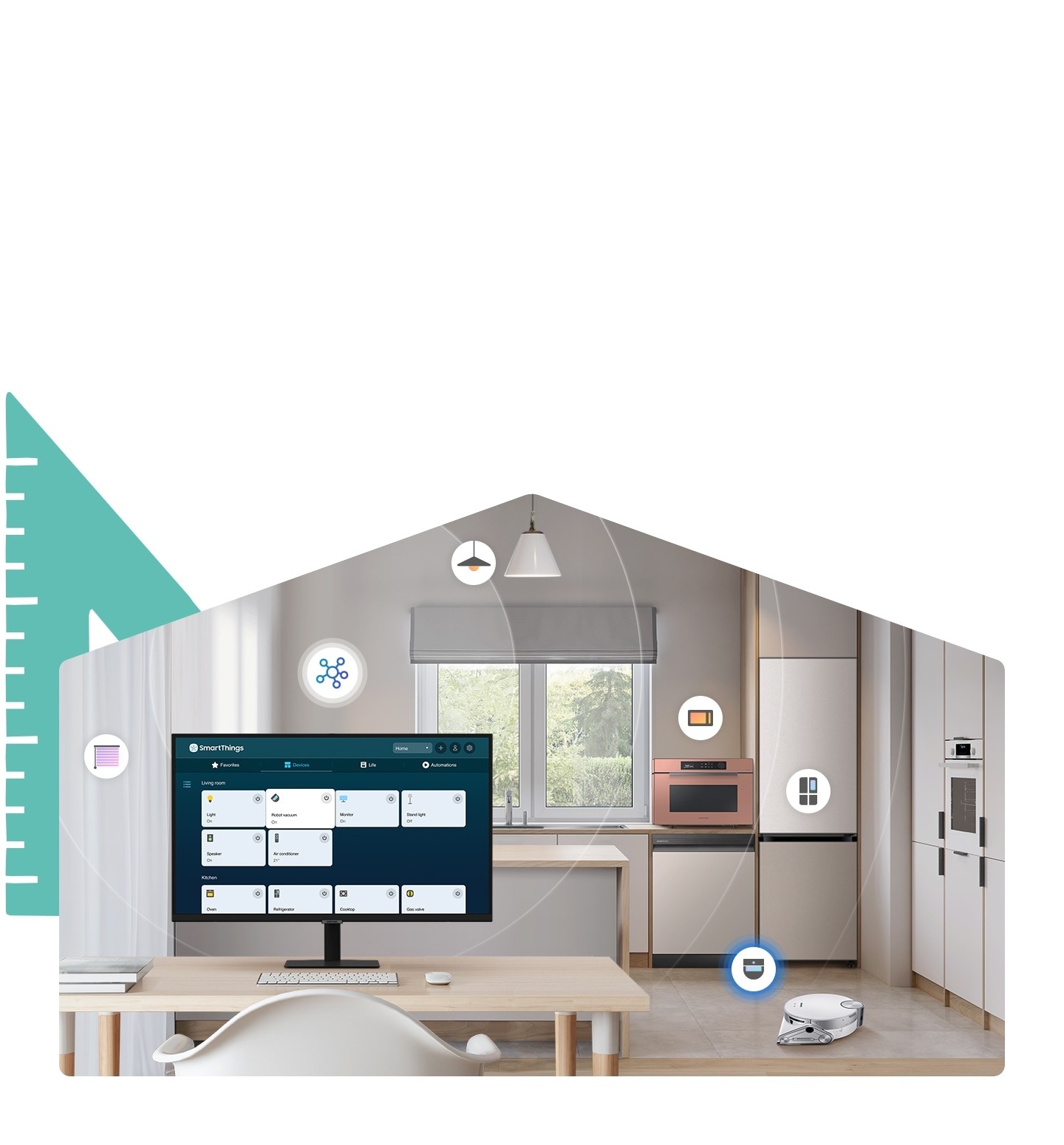 A room contains a desk with a monitor on top, a smart light, a smart curtain, a smart robot vacuum, a smart oven and a smart fridge. Above each smart home item is an icon representing each item.