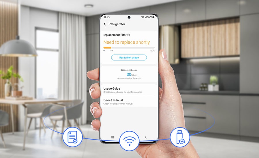 A person is using the SmartThings Home care and checks the filter usage and replacement cycle of refrigerator.