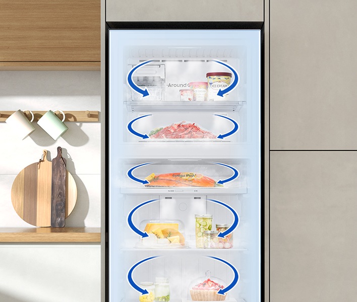 Blue arrows are shown on every inner section of the refrigerator. It indicates cold air spinning through every storage space.