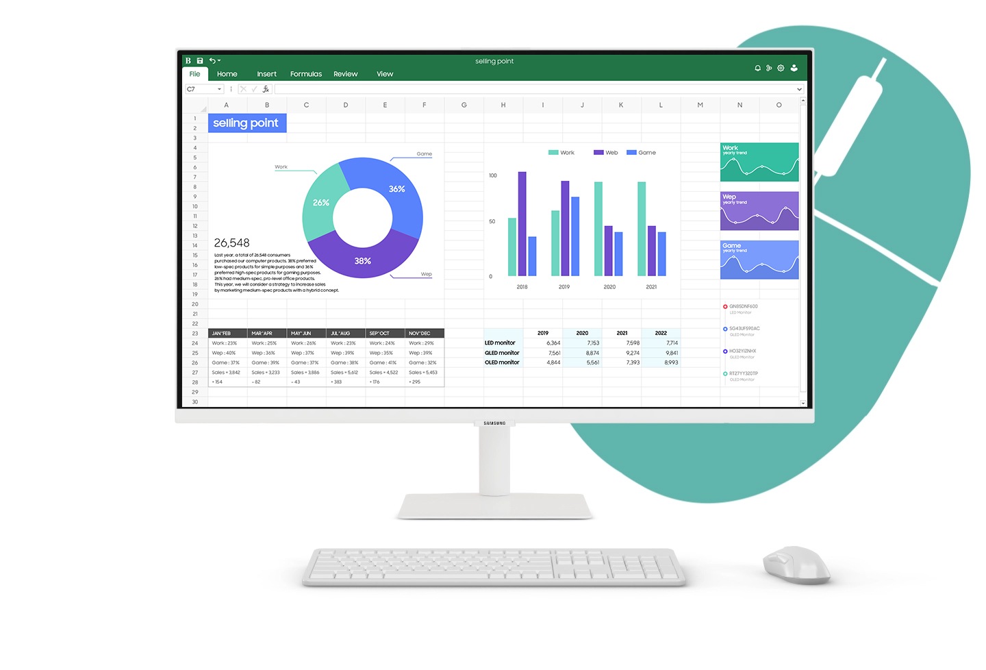 There is the Smart Monitor connected with a desktop, keyboard and mouse with wires. Then the area of desktop blinks, and it disappears. But still, the monitor screen is keep showing an excel file, meaning document work is available only with the monitor.